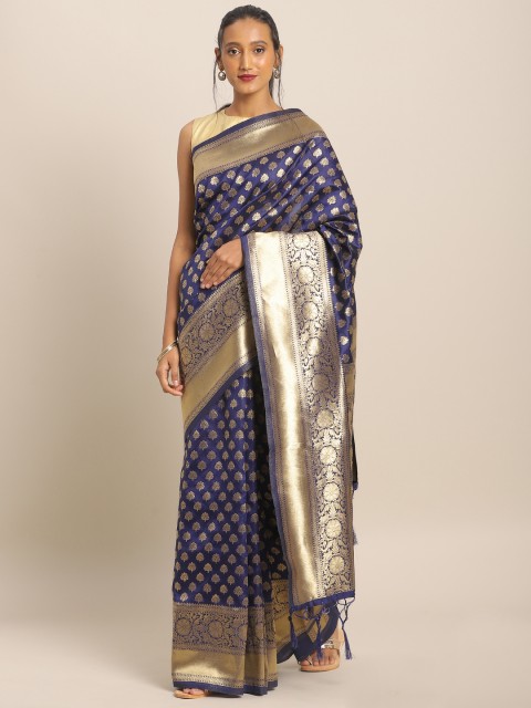 

Mitera Navy Blue & Gold-Toned Silk Blend Woven Design Banarasi Saree