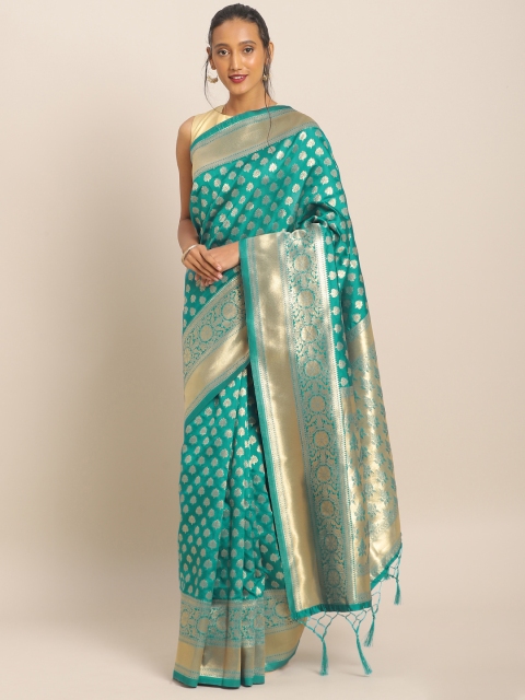 

Mitera Sea Green & Gold-Toned Silk Blend Woven Design Banarasi Saree