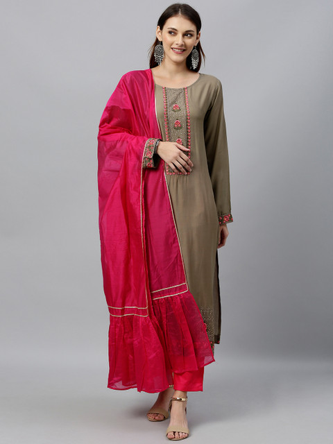 

Inddus Women Grey & Pink Embroidered Kurta with Trousers & Dupatta