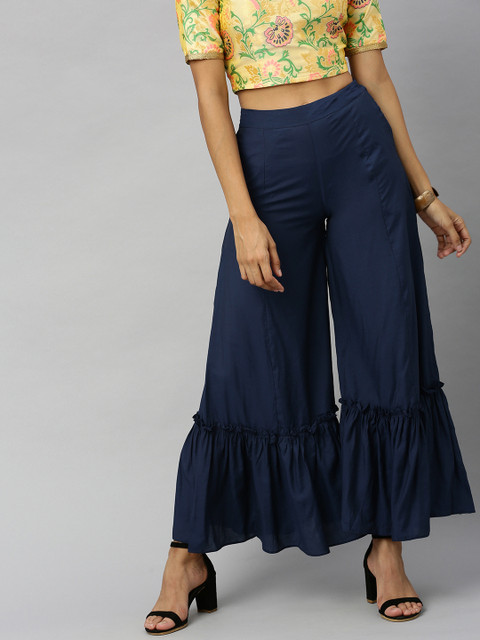 

Inddus Women Navy Blue Solid Flared Palazzos With Ruffled Detailing