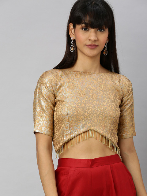 

Inddus Women Beige Ethnic Motifs Woven Design Ethnic Crop Top With Lace Inserts