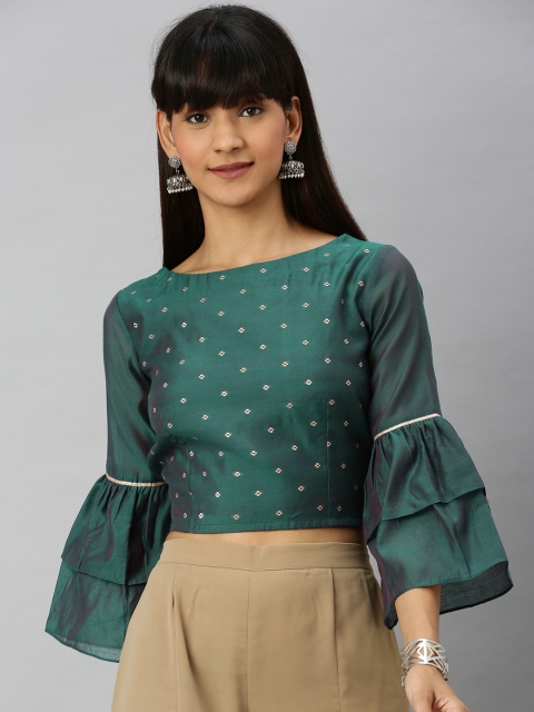 

Inddus Women Teal Green Woven Design Ethnic Crop Top With Bell Sleeves