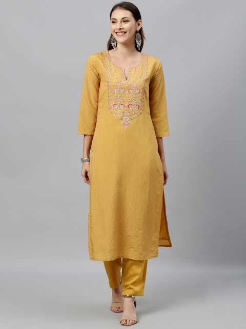 

Inddus Women Mustard Yellow Yoke Design Kurta with Trousers