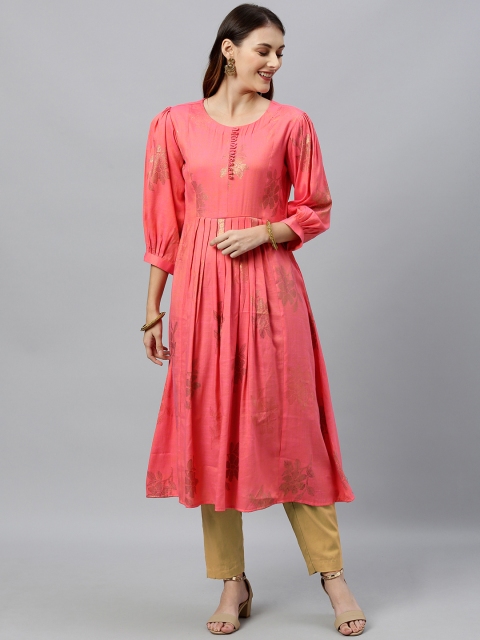 

Inddus Women Pink & Gold-Toned Floral Foil Printed A-Line Kurta with Gathers