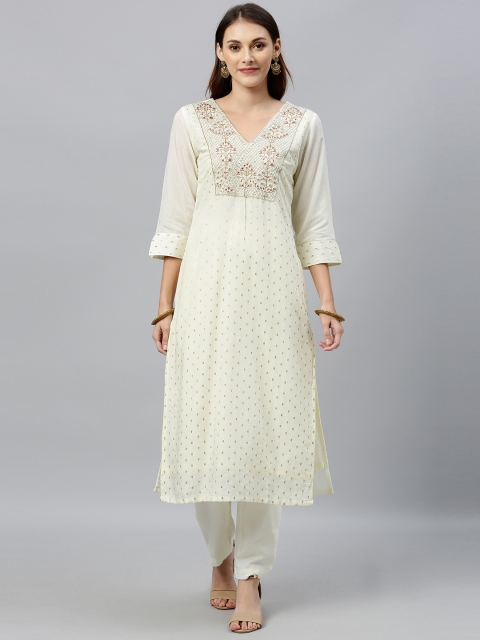 

Inddus Women White Woven Design Kurta with Trousers