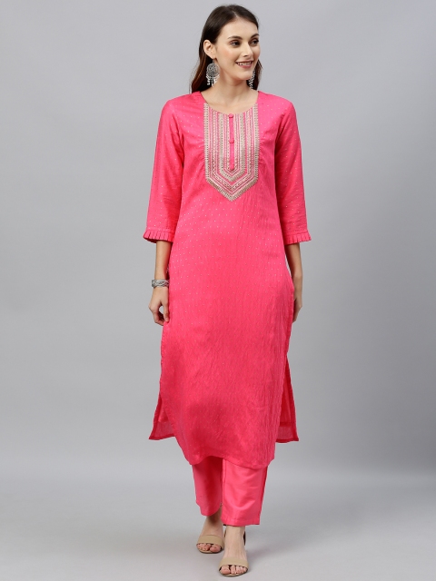 

Inddus Women Pink Woven Design Kurta with Trousers