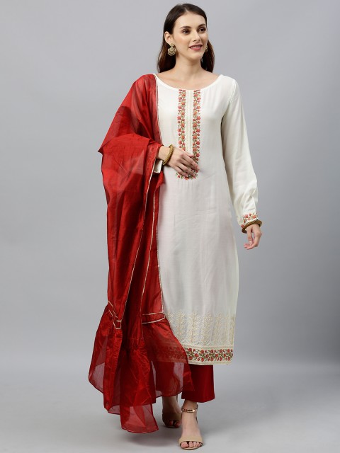

Inddus Women White & Maroon Floral Embroidered Kurta with Trousers & Dupatta