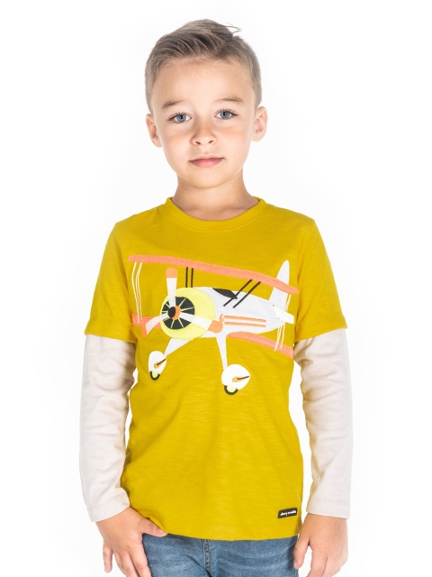 

Cherry Crumble Unisex Kids Mustard Yellow & Grey Aeroplane Applique Round Neck T-shirt