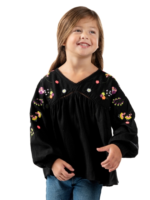 

Cherry Crumble Girls Black & Pink Floral Embroidered A-Line Pure Cotton Top