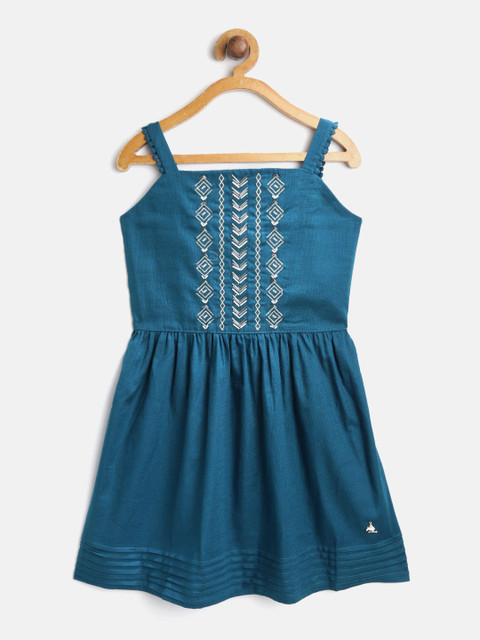 

Cherry Crumble Girls Teal Blue Embroidered A-Line Dress
