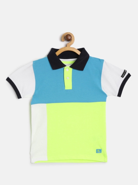 

Cherry Crumble Unisex Kids Blue & Fluorescent Green Colourblocked Polo Collar T-shirt