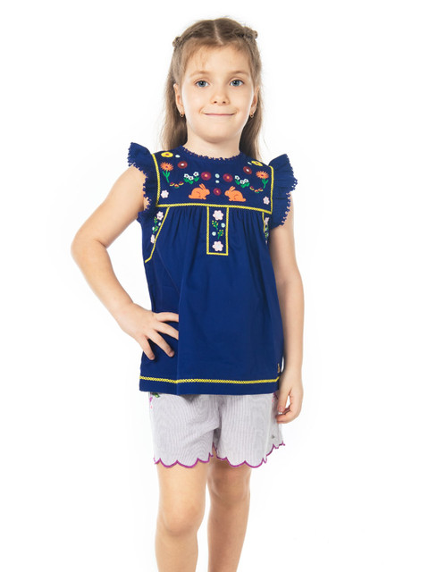 

Cherry Crumble Girls Navy Blue & Maroon Floral Embroidered Pure Cotton Top