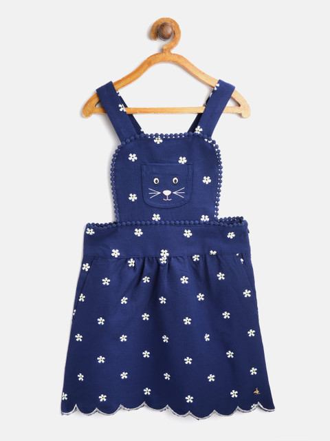 

Cherry Crumble Girls Navy Blue & White Embroidered Pinafore Dress