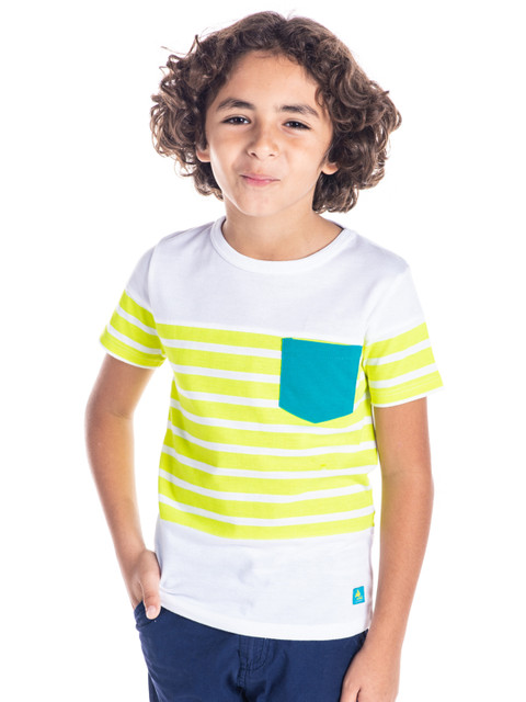 

Cherry Crumble Unisex Kids White & Fluorescent Green Striped Round Neck T-shirt