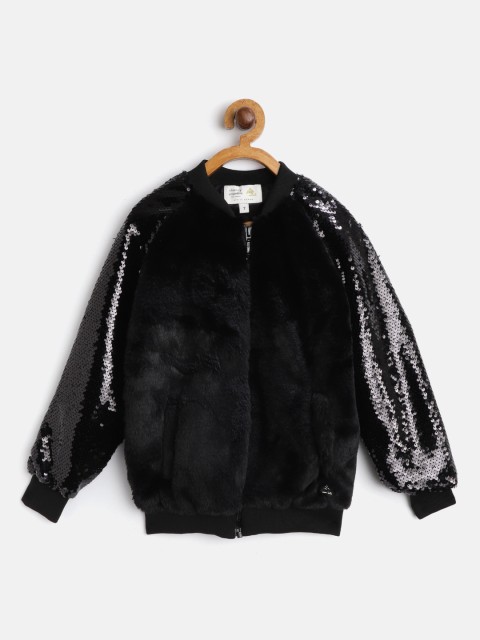 

Cherry Crumble Girls Black Solid Faux Fur Bomber Jacket