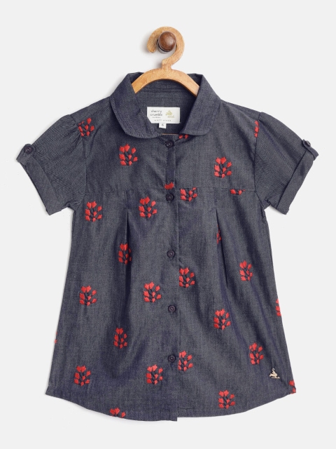 

Cherry Crumble Girls Grey Regular Fit Floral Embroidered Chambray Shirt