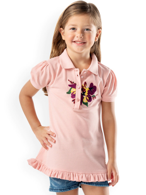 

Cherry Crumble Girls Peach-Coloured Floral Embroidered Detail Top