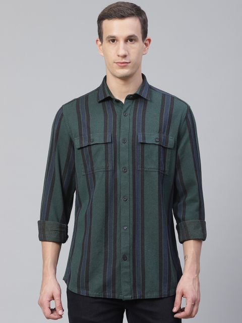 

Blackberrys Men Green & Black Slim Fit Striped Casual Shirt
