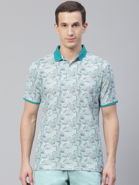 

Blackberrys Men White Sea Green Printed Polo Collar Pure Cotton T-shirt