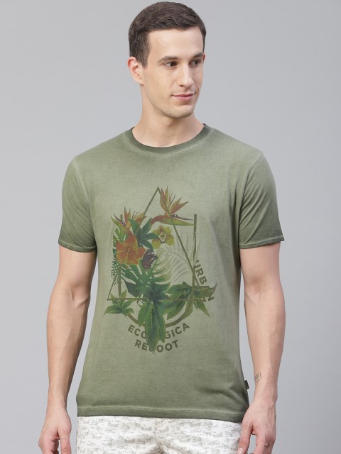 

Blackberrys Men Olive Green & Rust Orange Floral Printed Round Neck T-shirt