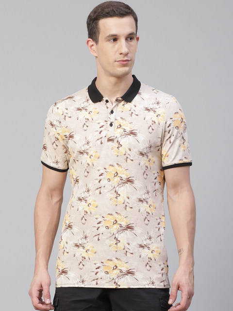 

Blackberrys Men Beige & Mustard Yellow Slim Fit Floral Printed Polo Collar T-shirt