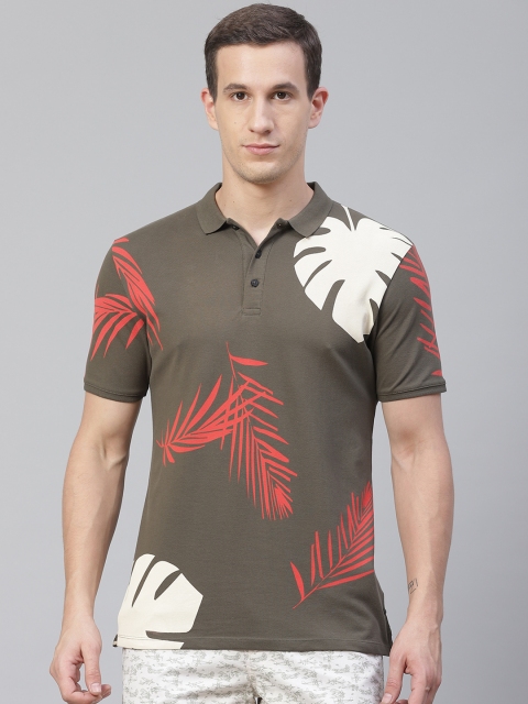 

Blackberrys Men Olive Green & Orange Slim Fit Tropical Print Polo Collar T-shirt