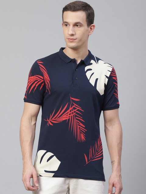 

Blackberrys Men Navy Blue & Red Slim Fit Tropical Printed Polo Collar T-shirt