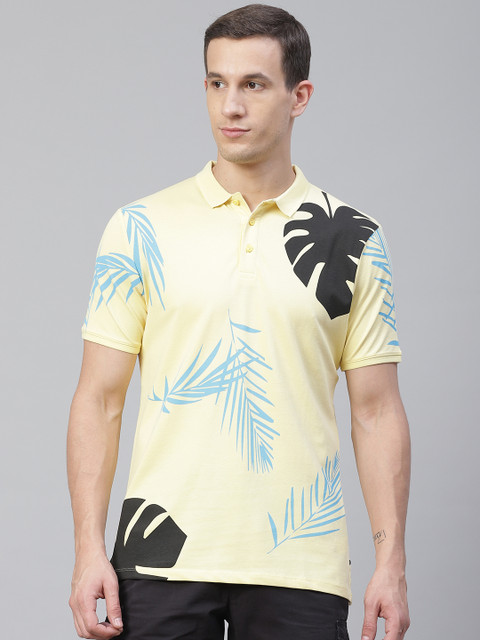 

Blackberrys Men Yellow & Blue Slim Fit Tropical Printed Polo Collar T-shirt