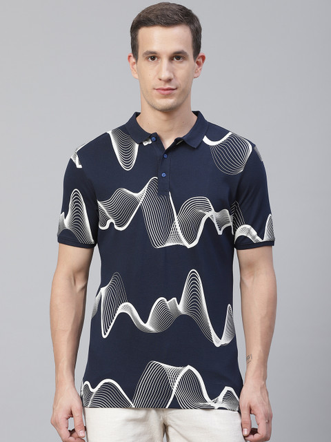 

Blackberrys Men Navy Blue & White Slim Fit Printed Polo Collar T-shirt
