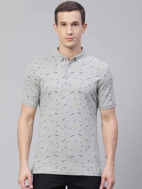 

Blackberrys Men Grey Melange Slim Fit Fish Print Polo Collar Pure Cotton T-shirt