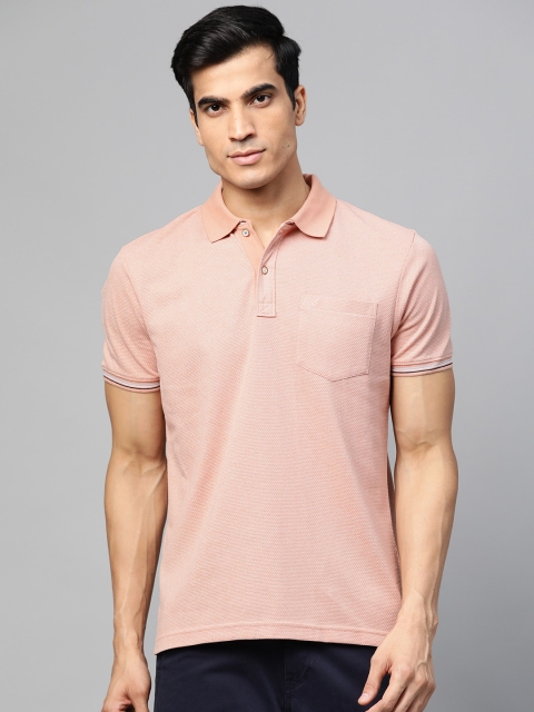 

Blackberrys Men Peach-Coloured Textured Polo Collar Pure Cotton T-shirt