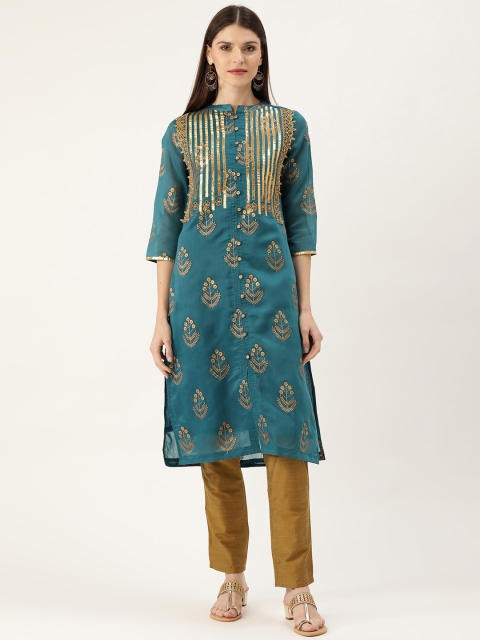 

Moda Rapido Women Teal Blue & Olive Green Printed Kurta with Trousers