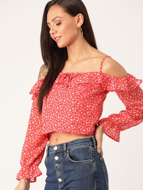 

Moda Rapido Women Red & White Floral Printed Cold Shoulder Top