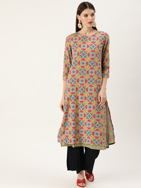 

Moda Rapido Women Green & Red Printed Layered Styled Back Straight Kurta