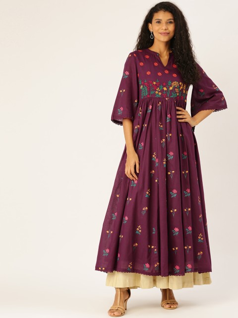 

Moda Rapido Women Aubergine & Yellow Printed A-Line Kurta, Purple