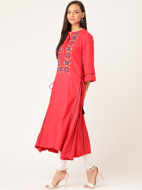 

Moda Rapido Women Coral Red & Blue Asymmetric Printed A-Line Kurta