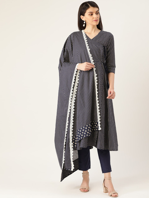 

Moda Rapido Women Navy Blue & Off-White Bandhani Print Angrakha Kurta Set