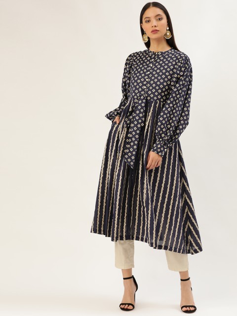 

Moda Rapido Women Navy Blue & Off-White Striped A-Line Kurta