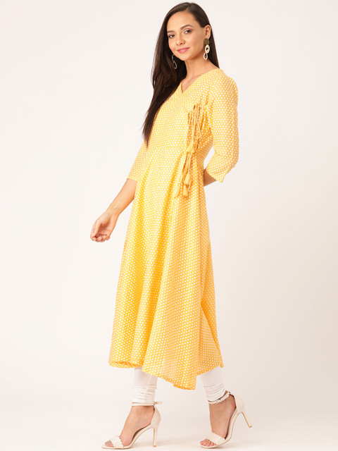 

Moda Rapido Women Yellow & White Asymmetric Printed Angrakha A-Line Kurta