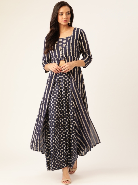 

Moda Rapido Women Navy Blue and Beige Printed High-Slit Kurta with Skirt