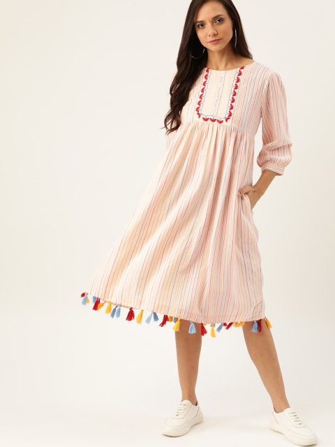

Moda Rapido Women Peach-Coloured & Blue Striped A-Line Dress