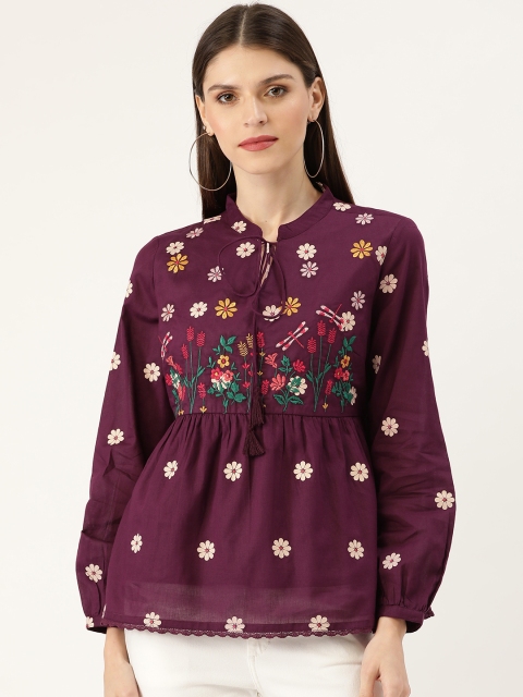 

Moda Rapido Women Wine-Coloured & Off-White Floral Print A-Line Top, Purple