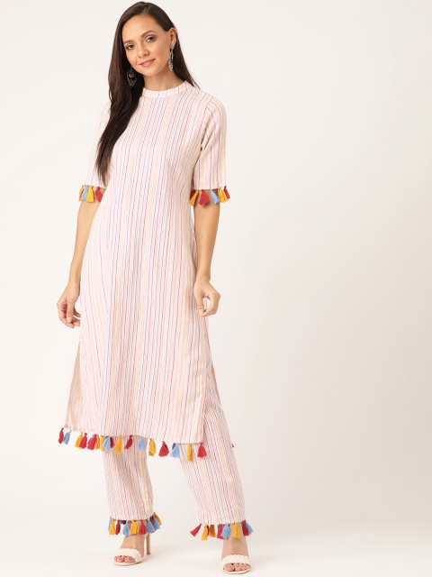 

Moda Rapido Women Pink & Blue Striped With Tasselled Detail Kurta with Trousers