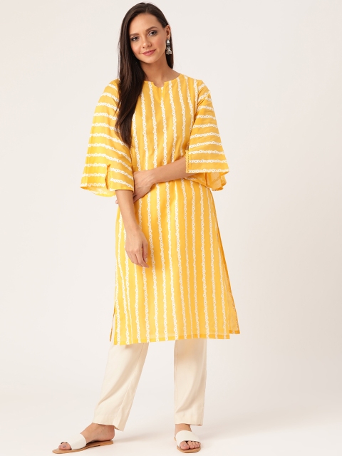 

Moda Rapido Women Yellow & White Striped Straight Kurta