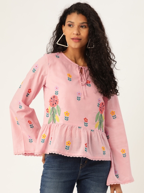 

Moda Rapido Women Pink & Teal Blue Floral Printed A-Line Pure Cotton Top