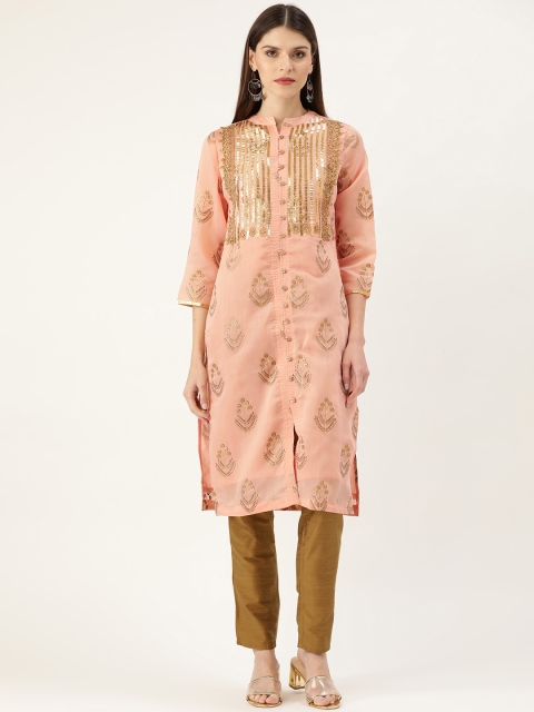 

Moda Rapido Women Peach-Coloured & Golden Printed Kurta with Trousers