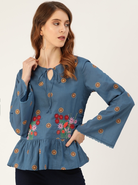 

Moda Rapido Women Navy Blue & Red Printed A-Line Pure Cotton Top