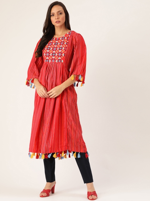

Moda Rapido Women Red & Navy Blue Striped A-Line Kurta