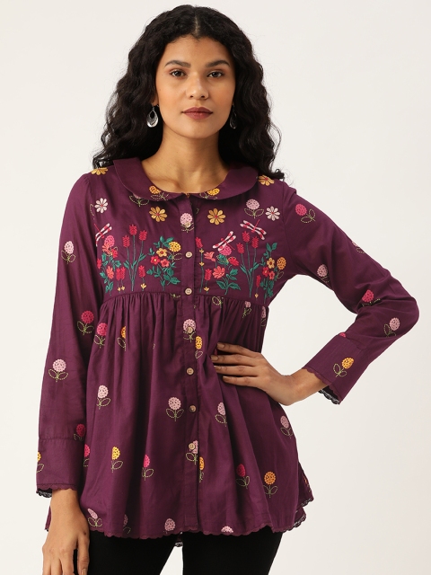 

Moda Rapido Women Burgundy & Yellow Floral Pure Cotton Print A-Line Kurti