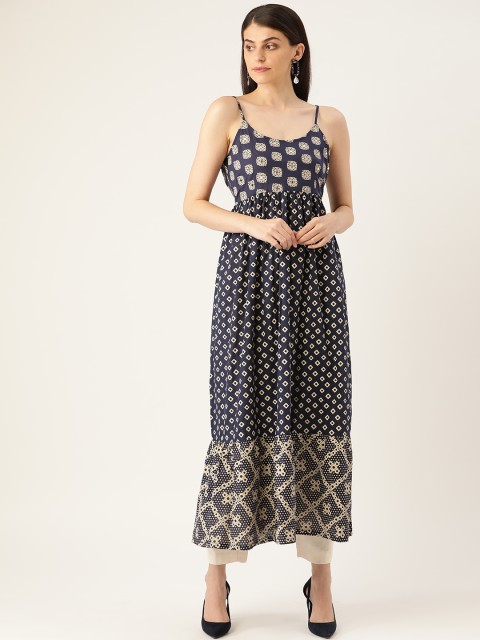 

Moda Rapido Women Navy Blue & Beige Mirror Work Detail Printed A-Line Kurta